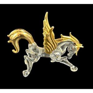 Hand Blown PEGASUS HORSE Crystal Clear GLASS Figurine-Gold Gild 2.5"x4"